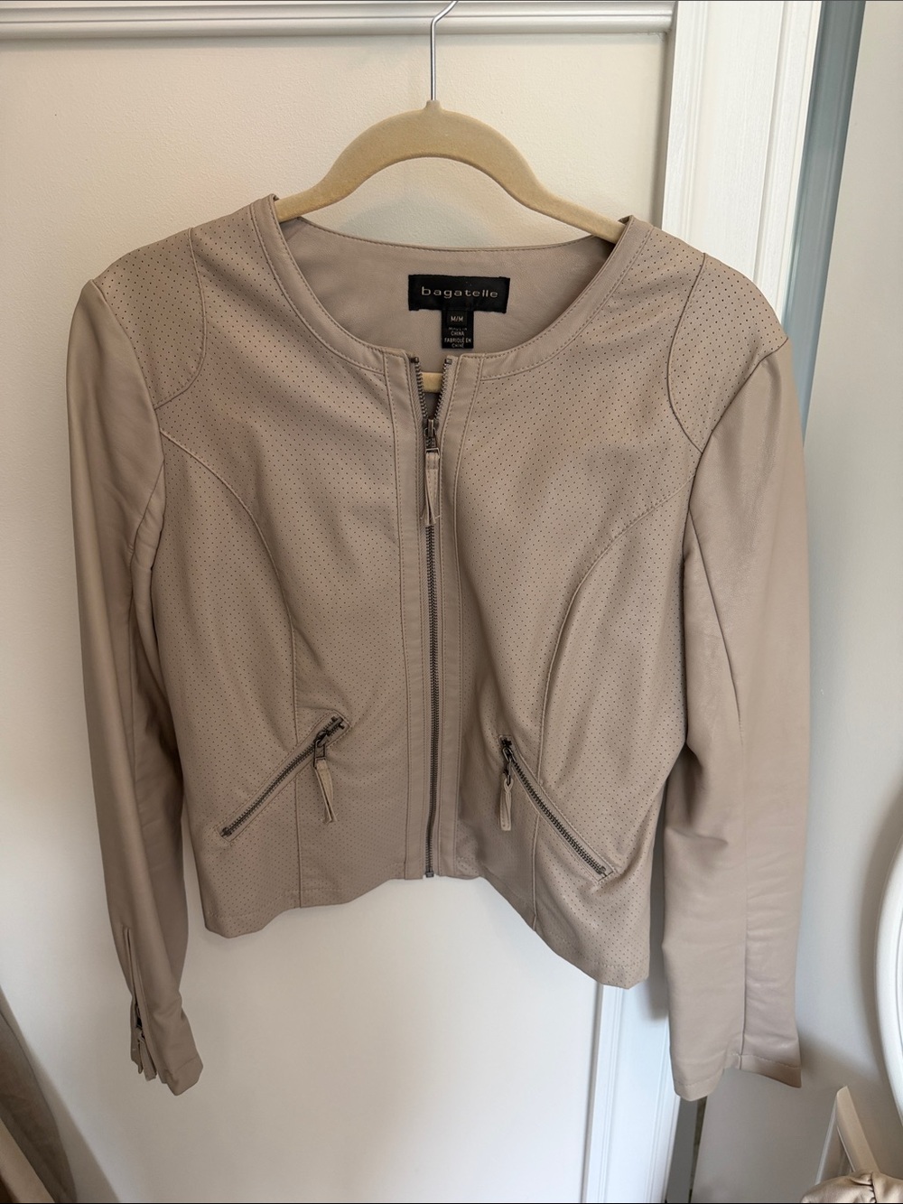 bagatelle Women's Taupe-Colored Perforated Leather Zip Jacket